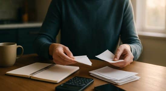Pessoa organizando contas domésticas sobre a mesa da cozinha com caderno e calculadora