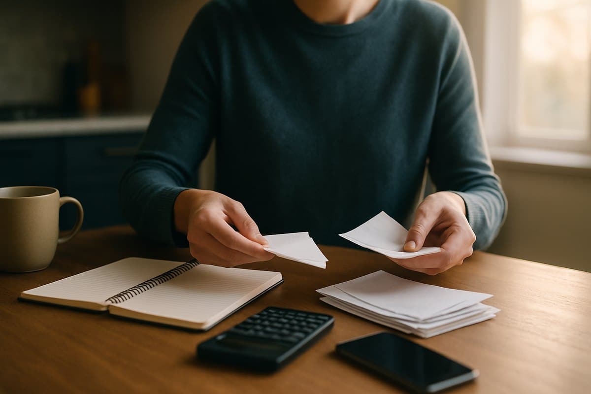 Pessoa organizando contas domésticas sobre a mesa da cozinha com caderno e calculadora