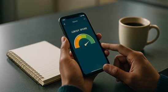 Pessoa consultando o score de crédito pelo aplicativo do banco em casa