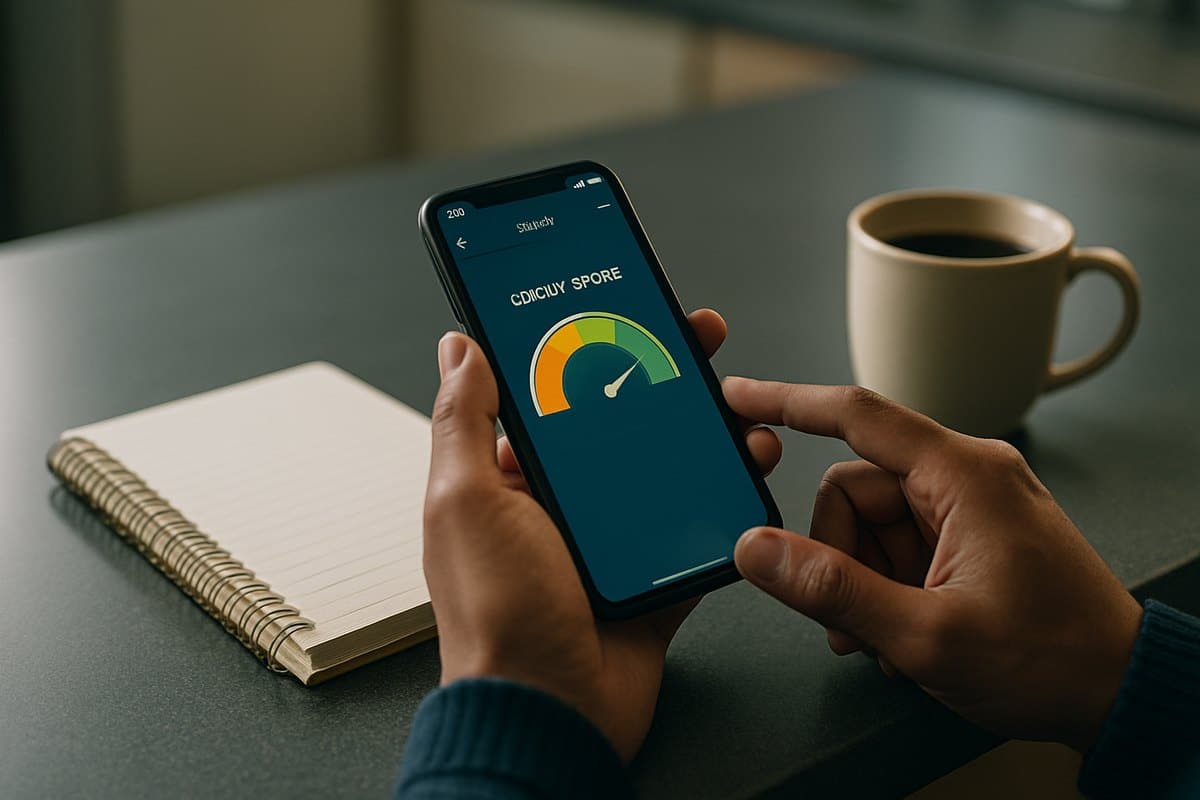 Pessoa consultando o score de crédito pelo aplicativo do banco em casa