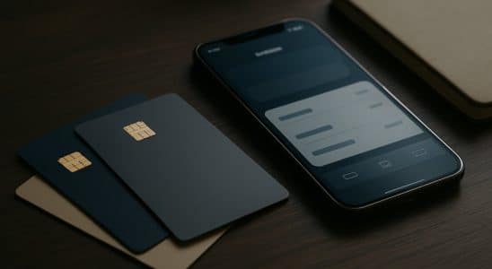 Tre carte di pagamento appoggiate su una scrivania accanto a uno smartphone