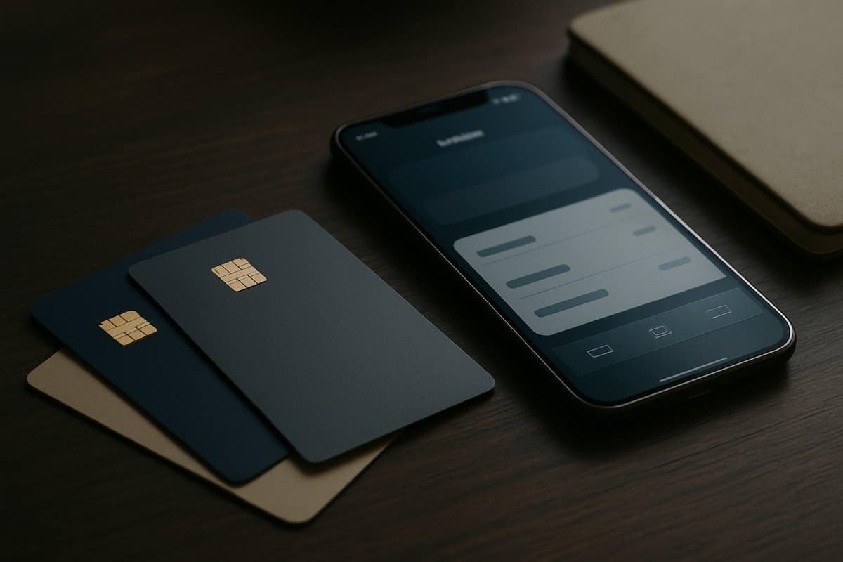 Tre carte di pagamento appoggiate su una scrivania accanto a uno smartphone