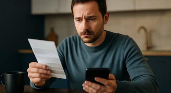 Pessoa analisando a fatura do cartão de crédito com calculadora na mesa