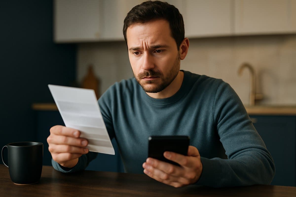 Pessoa analisando a fatura do cartão de crédito com calculadora na mesa