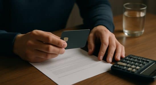 Manos sosteniendo una tarjeta de crédito junto a un extracto y una calculadora