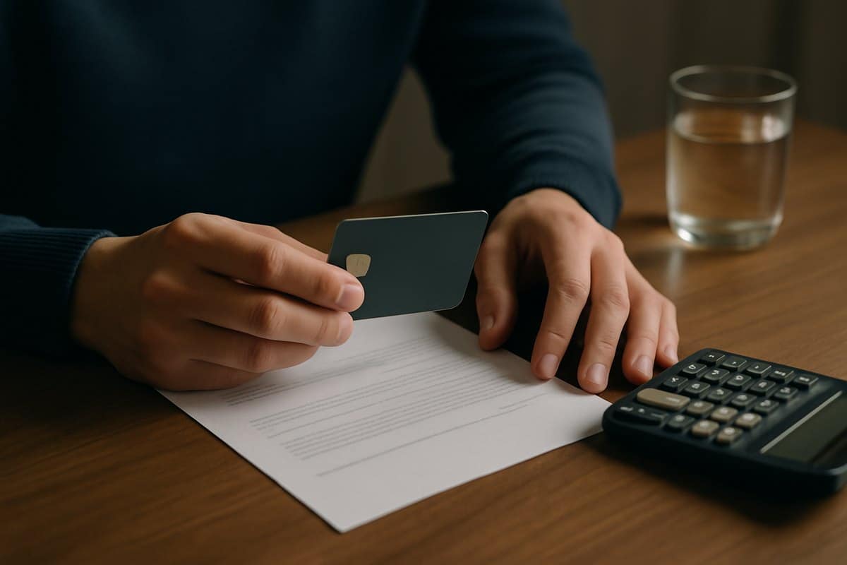 Manos sosteniendo una tarjeta de crédito junto a un extracto y una calculadora