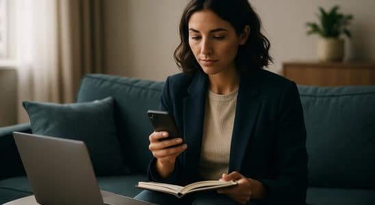 Mujer comparando ofertas de préstamo en el móvil desde el sofá de casa