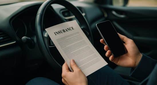 Automobilista che controlla i documenti della polizza RC auto seduto in macchina