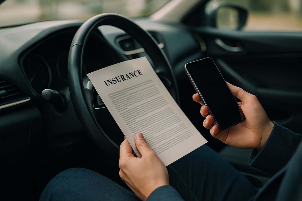 Automobilista che controlla i documenti della polizza RC auto seduto in macchina