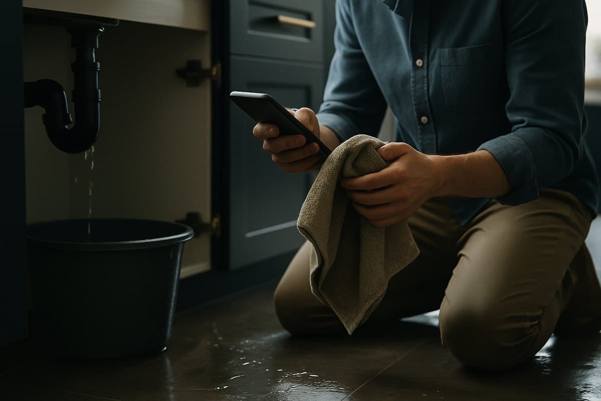 Persona revisando una fuga de agua bajo el fregadero de su cocina