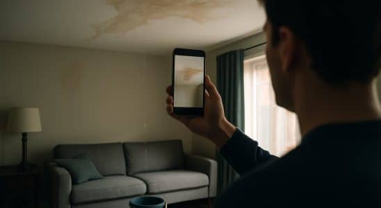 Morador fotografando infiltração no teto da sala para acionar o seguro residencial