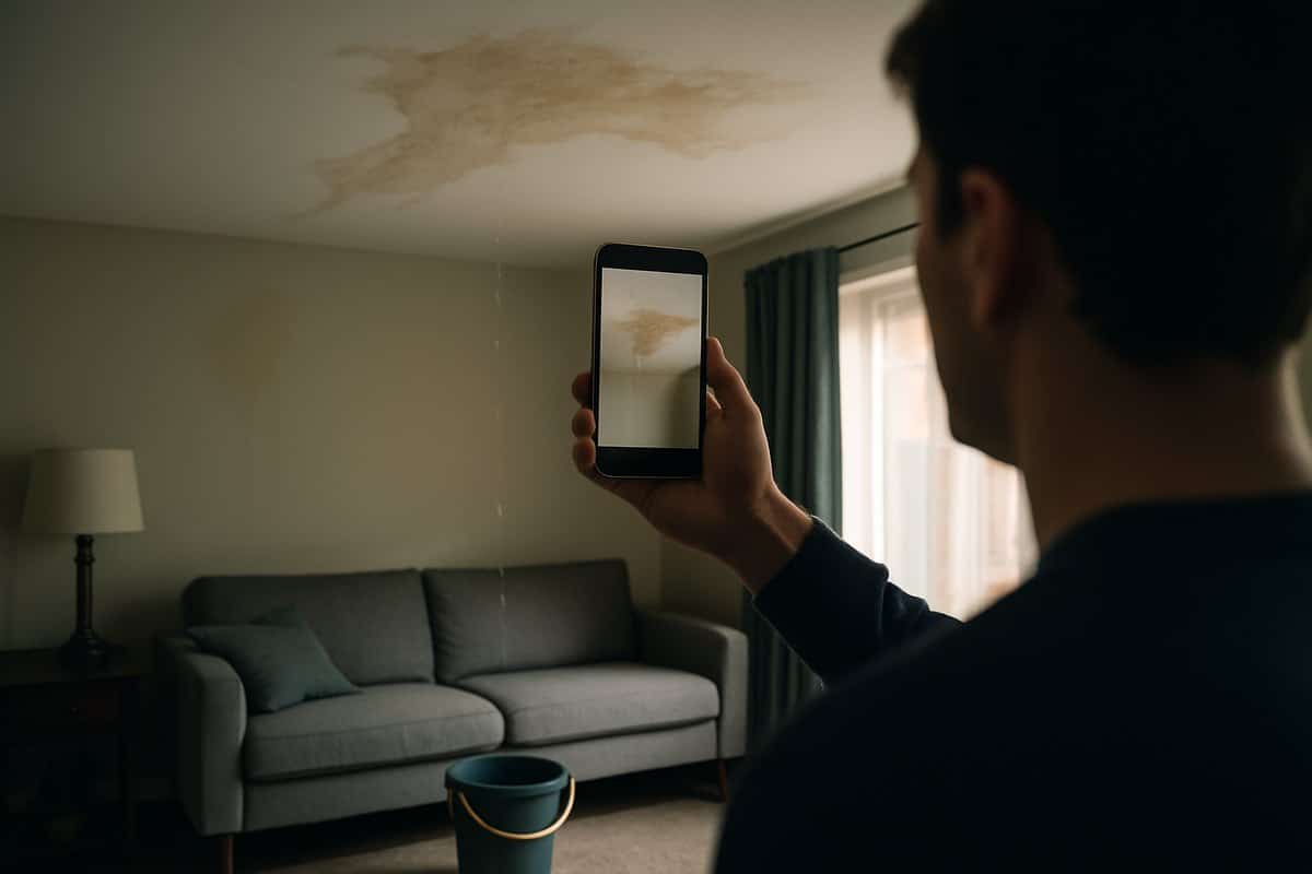 Morador fotografando infiltração no teto da sala para acionar o seguro residencial