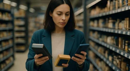 Mujer comparando precios en el supermercado con la lista de la compra en el móvil