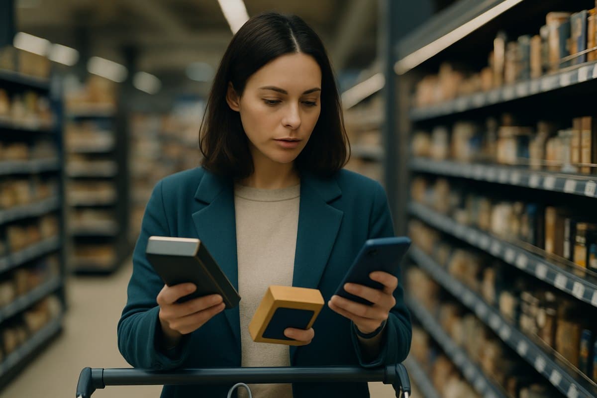 Mujer comparando precios en el supermercado con la lista de la compra en el móvil