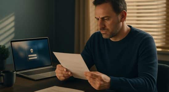 Hombre revisando una carta de reclamación de deuda junto a su ordenador