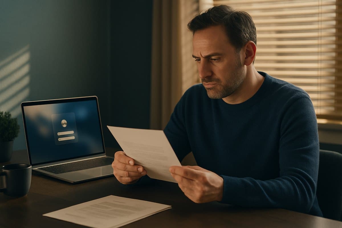 Hombre revisando una carta de reclamación de deuda junto a su ordenador