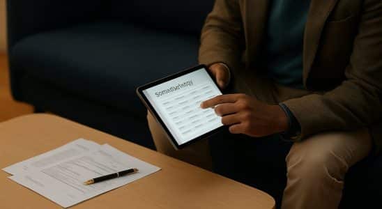 Pessoa conferindo o histórico de pagamentos em um tablet na sala de casa