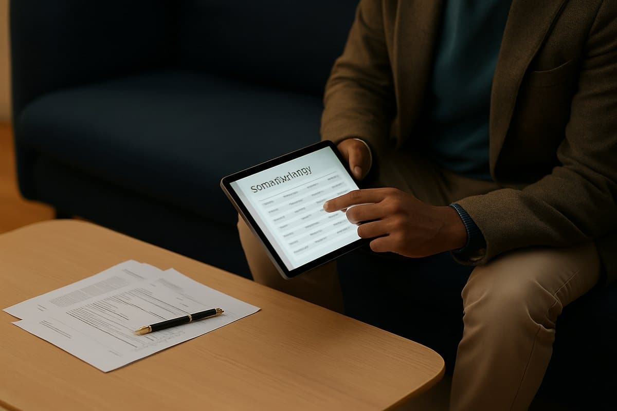Pessoa conferindo o histórico de pagamentos em um tablet na sala de casa