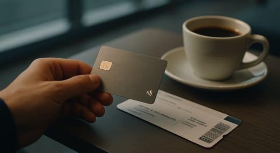 Cartão de crédito premium apoiado sobre uma mesa de sala VIP de aeroporto