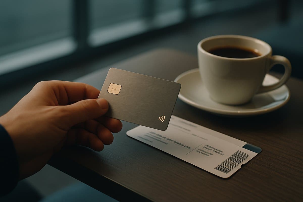 Cartão de crédito premium apoiado sobre uma mesa de sala VIP de aeroporto