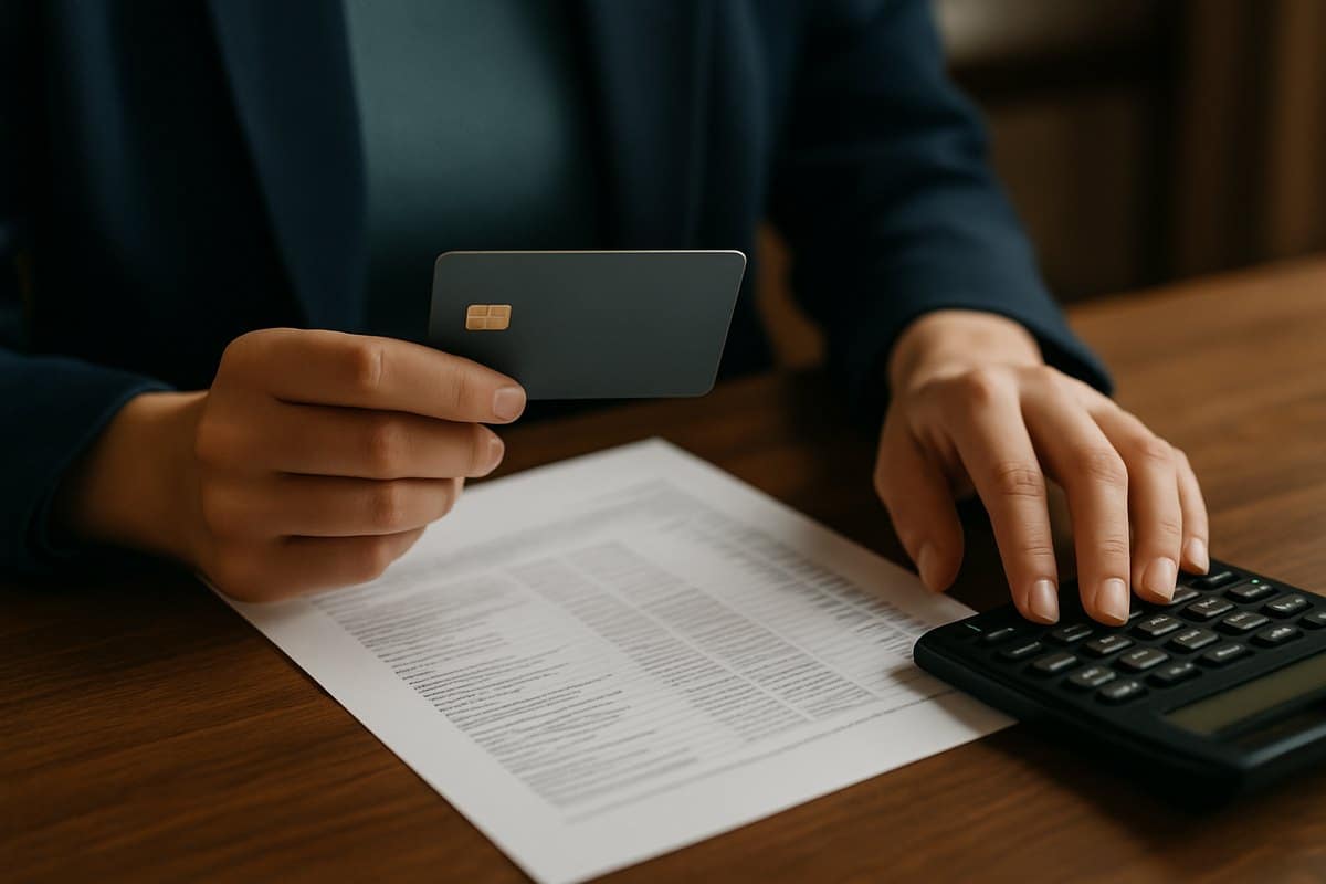 Persona che confronta l'estratto conto della carta con la calcolatrice