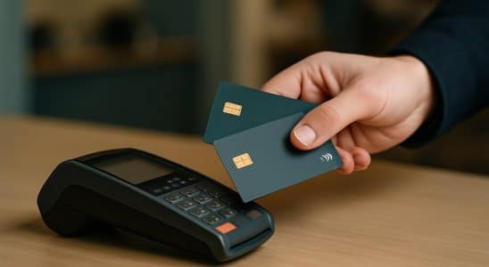 Dos tarjetas de pago sobre un datáfono en el mostrador de una tienda