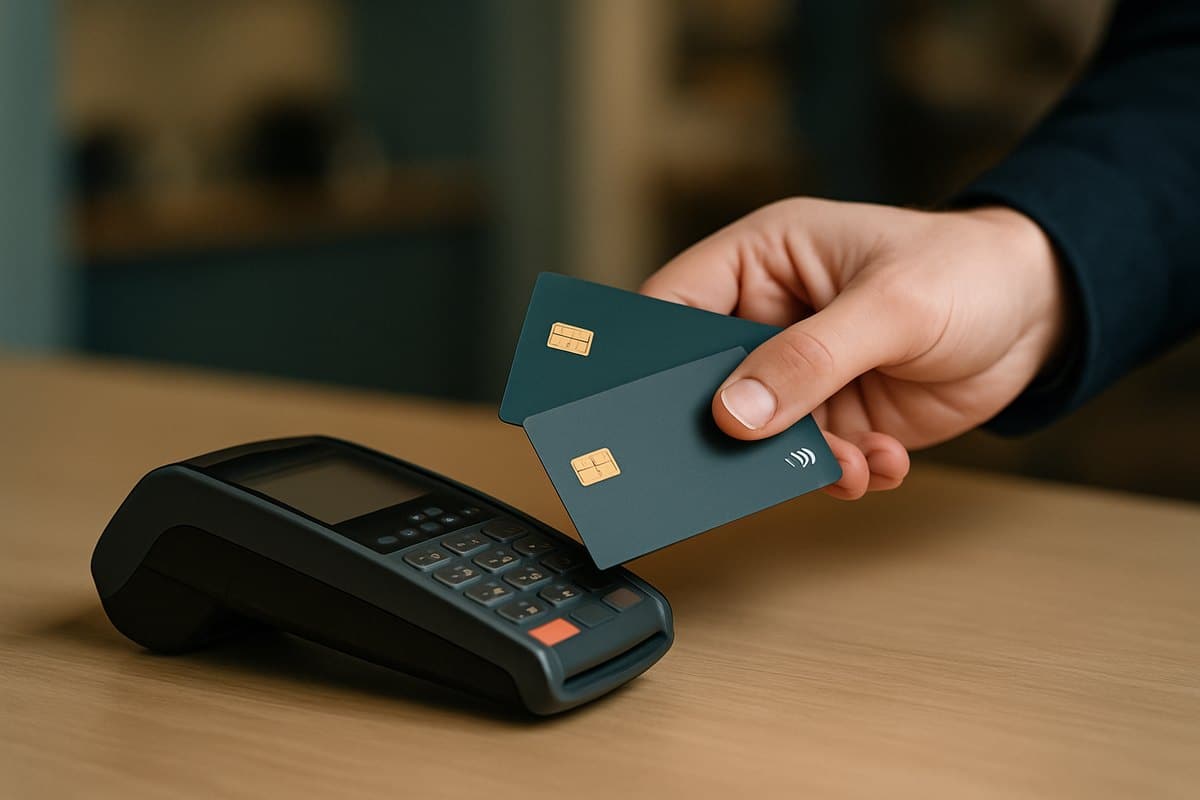 Dos tarjetas de pago sobre un datáfono en el mostrador de una tienda