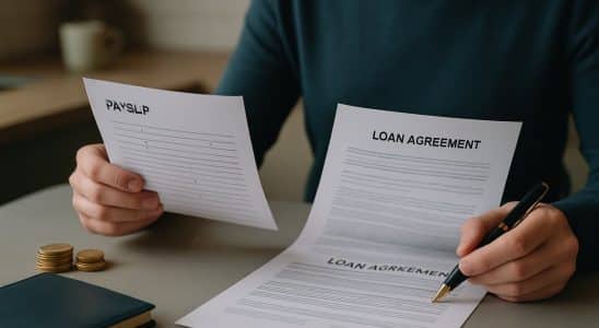 Lavoratore che confronta la busta paga con il piano di rimborso di un finanziamento
