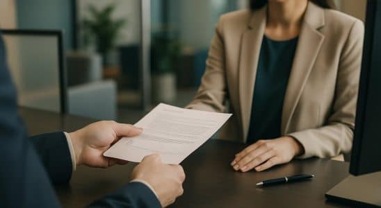 Cliente che consegna il modulo di trasferimento dei servizi di pagamento in banca