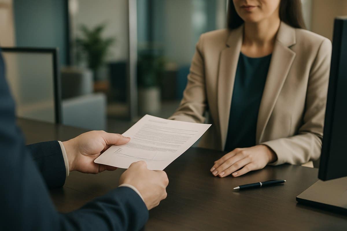 Cliente che consegna il modulo di trasferimento dei servizi di pagamento in banca