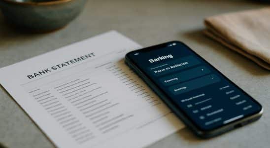 Extrato bancário impresso ao lado de um celular com aplicativo do banco aberto