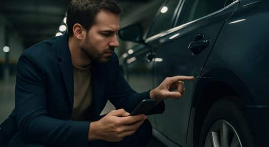 Conductor inspeccionando un rayón en la puerta de su coche en un garaje