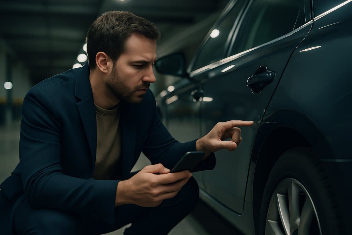 Conductor inspeccionando un rayón en la puerta de su coche en un garaje