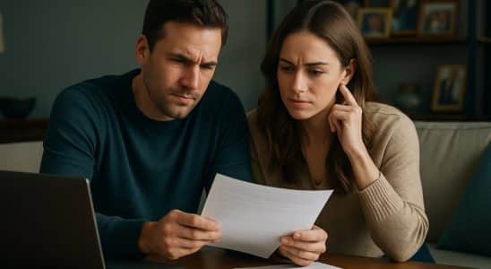 Casal revisando documentos de seguro de vida na mesa da sala de casa