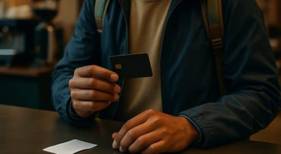 Viaggiatore che paga con carta in un locale all'estero