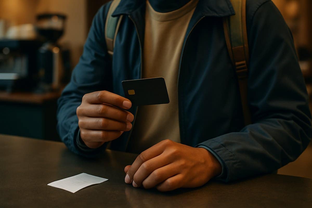 Viaggiatore che paga con carta in un locale all'estero