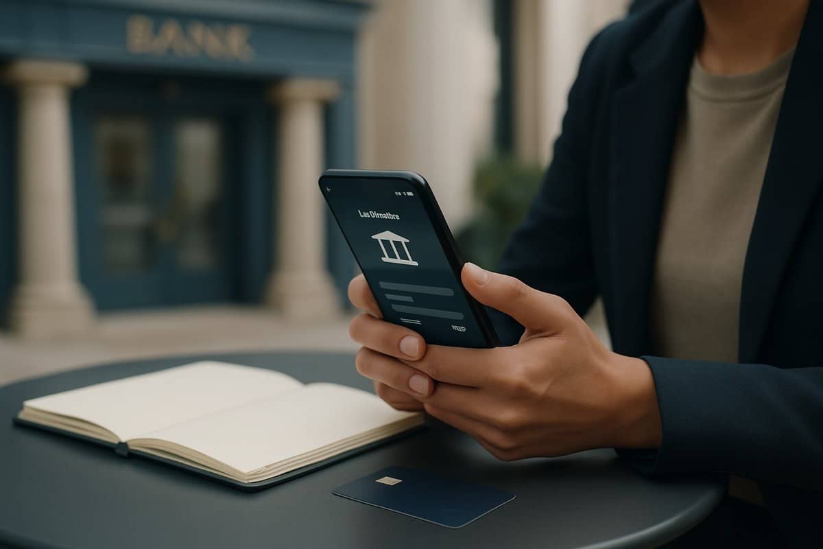 Cliente che utilizza i servizi bancari dal telefono in un contesto urbano
