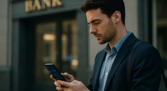 Persona usando una aplicación de banca digital en la calle