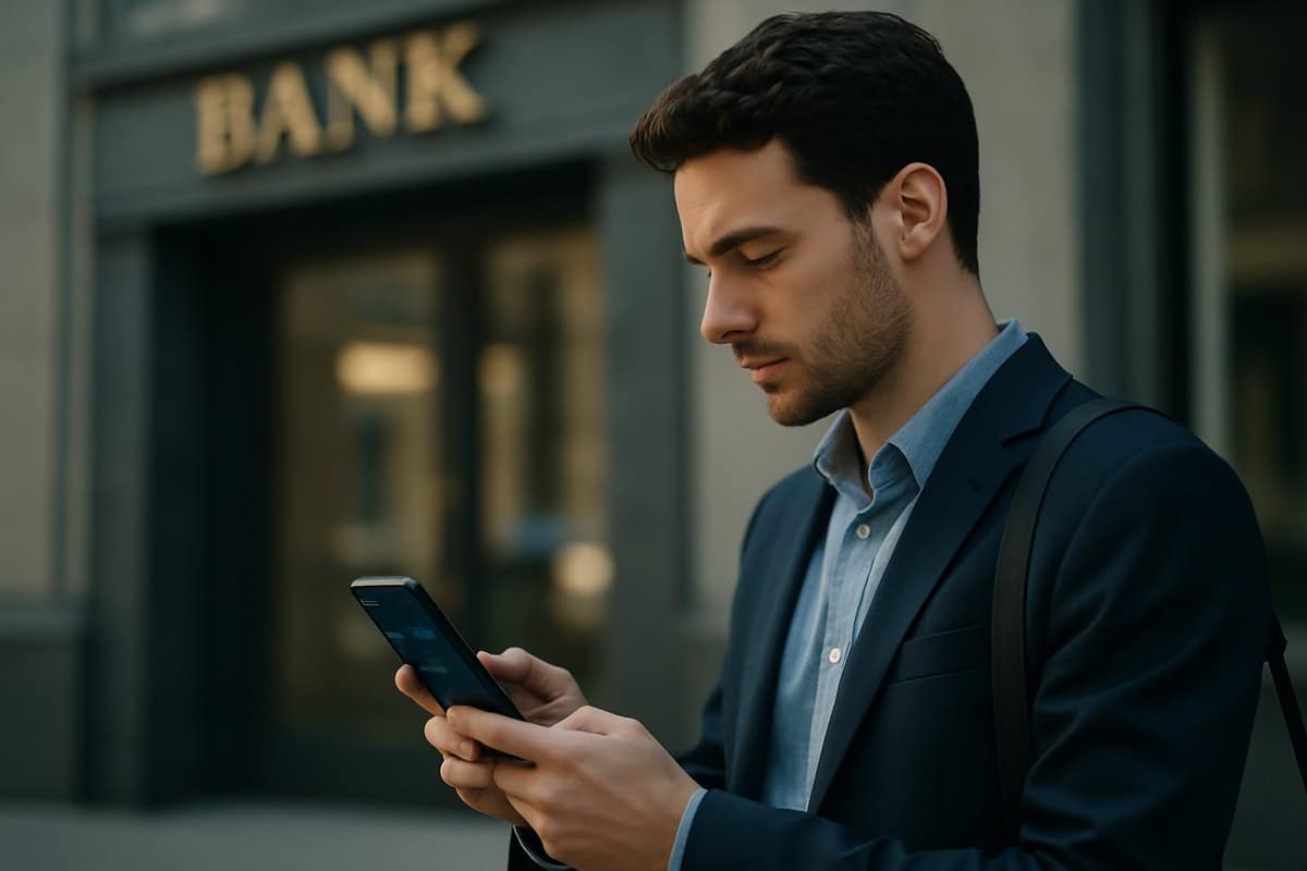 Persona usando una aplicación de banca digital en la calle