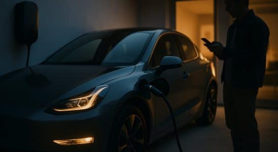 Carro elétrico conectado ao carregador na garagem de casa ao entardecer