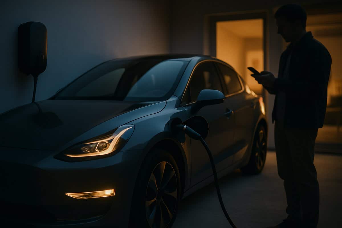 Carro elétrico conectado ao carregador na garagem de casa ao entardecer
