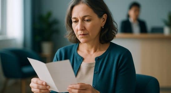 Mujer revisando la documentación de su póliza de salud en una clínica