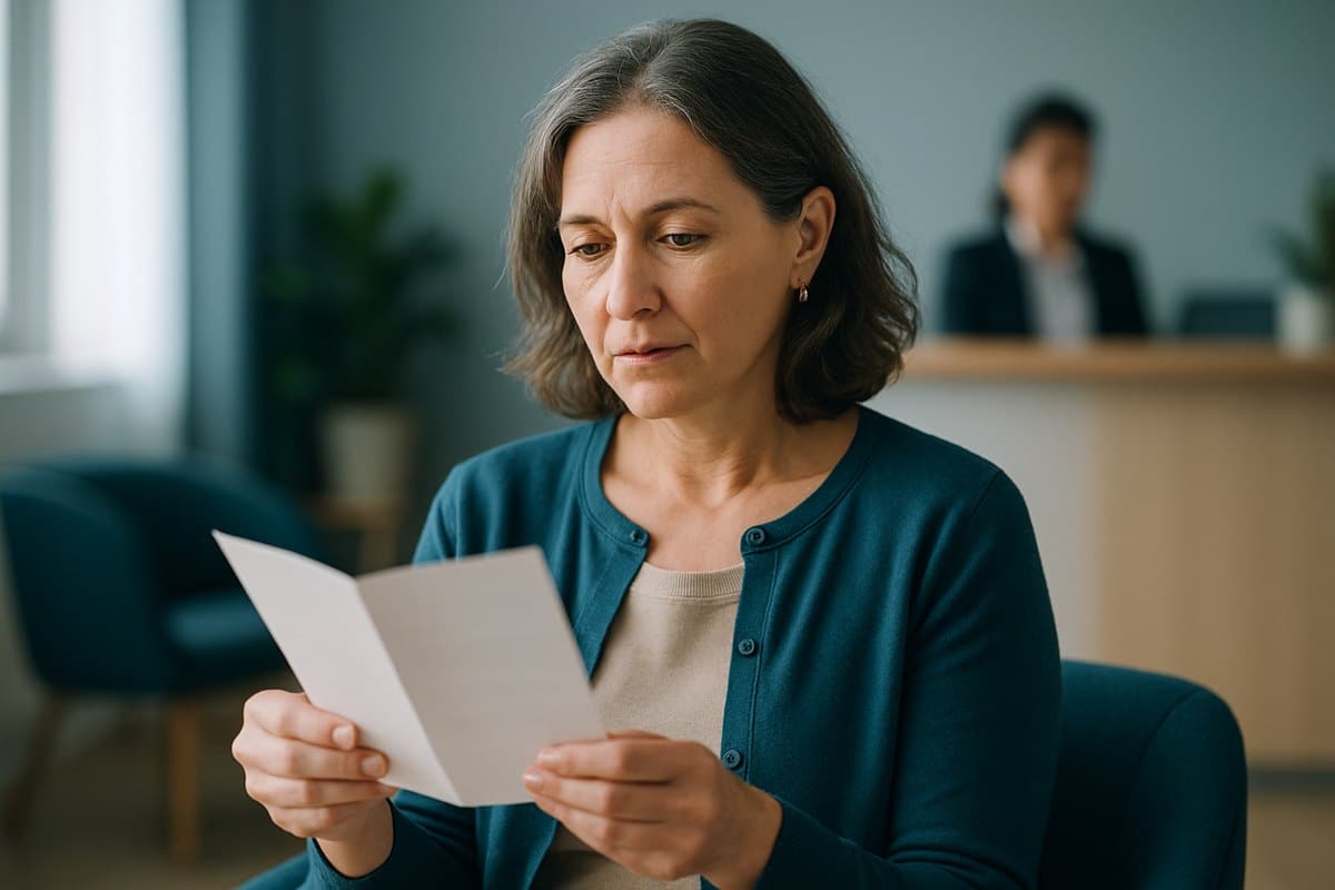 Mujer revisando la documentación de su póliza de salud en una clínica