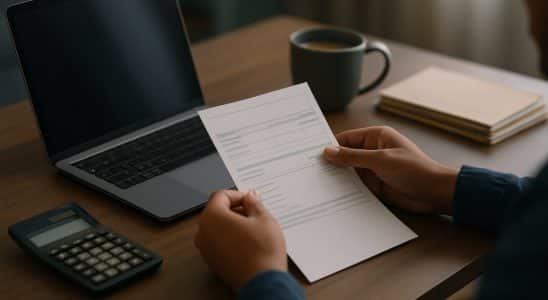 Pessoa conferindo o holerite e recalculando o orçamento sobre a mesa de trabalho