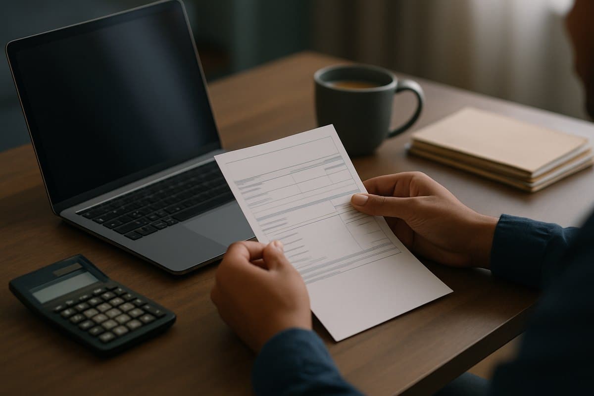 Pessoa conferindo o holerite e recalculando o orçamento sobre a mesa de trabalho
