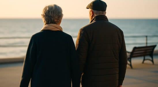 Pareja mayor paseando por un paseo marítimo al atardecer