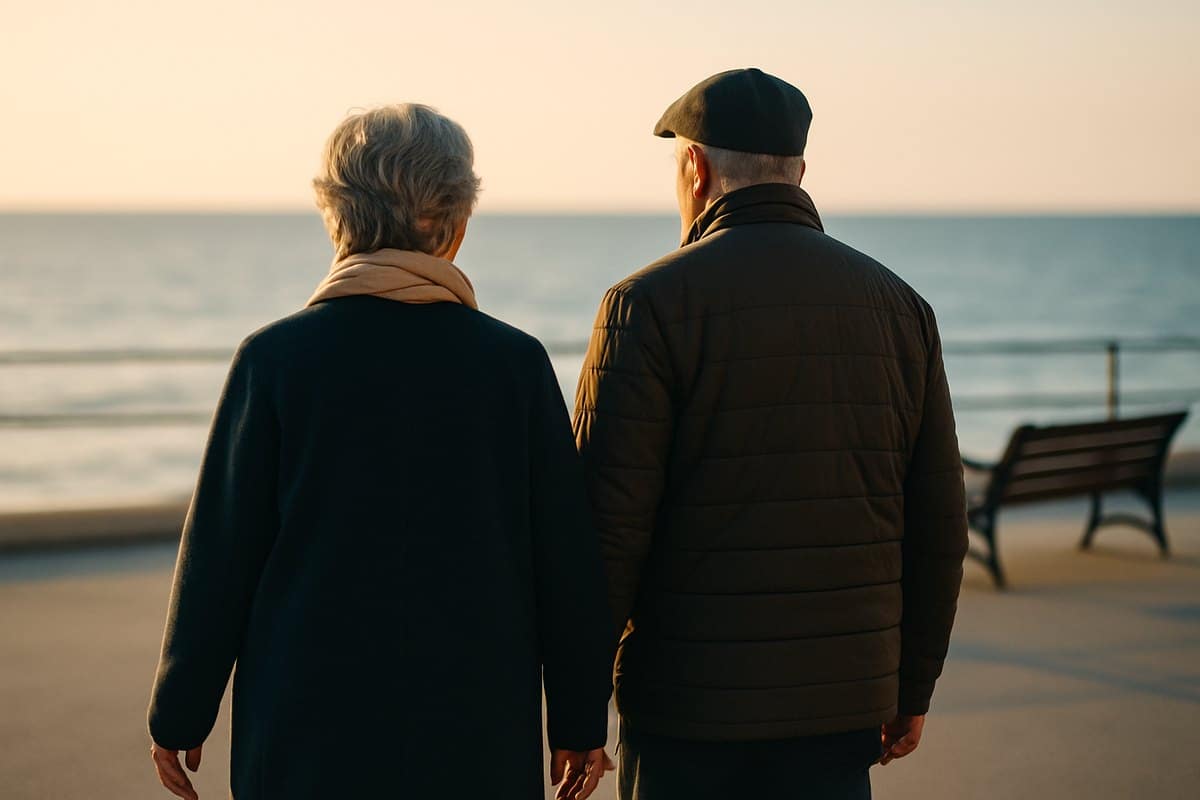Pareja mayor paseando por un paseo marítimo al atardecer