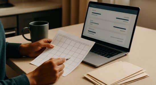 Person planning savings deposits at a kitchen counter with a laptop and calendar