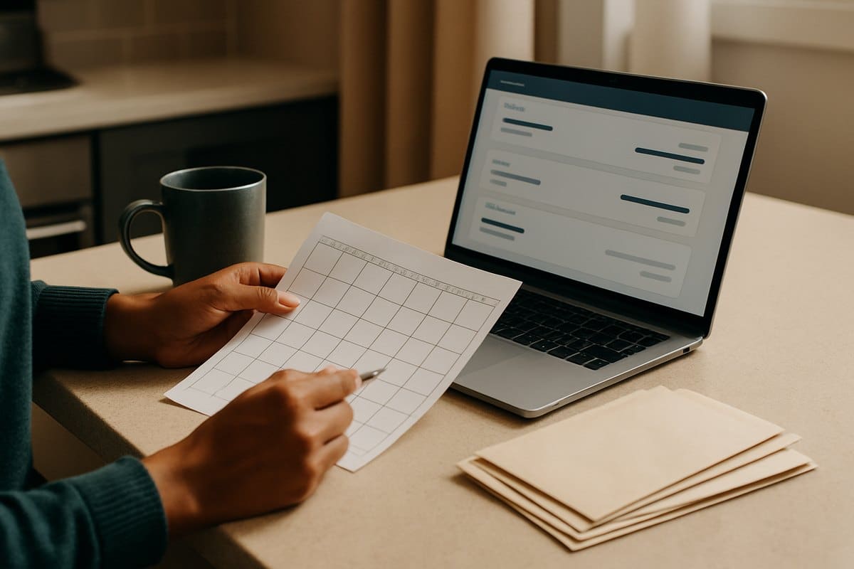 Person planning savings deposits at a kitchen counter with a laptop and calendar