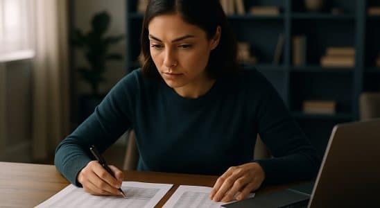 Mujer comparando dos informes con datos de deuda sobre su escritorio